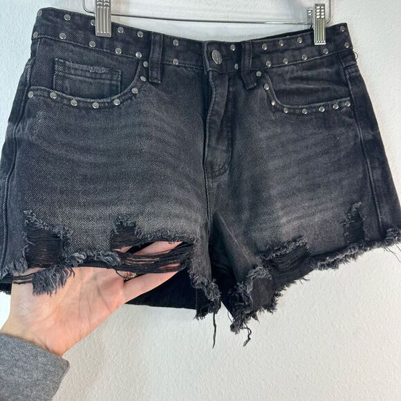 Austin Landing Black Distressed Studded Denim Mini Shorts Women 28” Biker Grunge - Picture 3 of 10